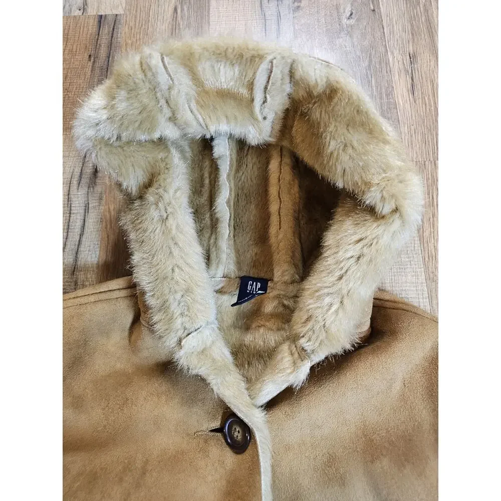 Gap Kids Faux Suede/Fur Lined Hoodie Jacket Brown Button Girls Size 5/6 EUC